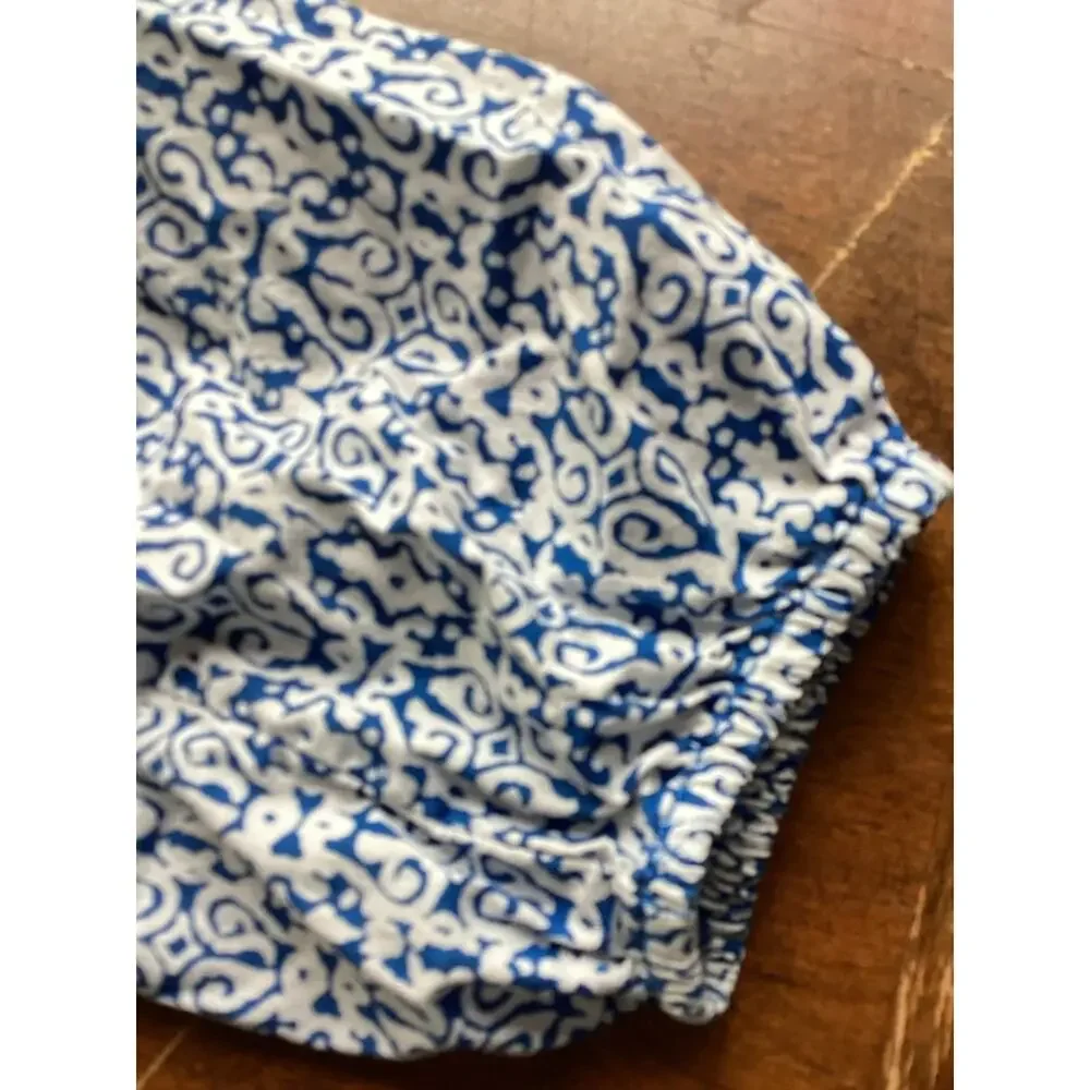 J. Crew Blue and White Printed Peasant Blouse Womens M, Boho, Tassels